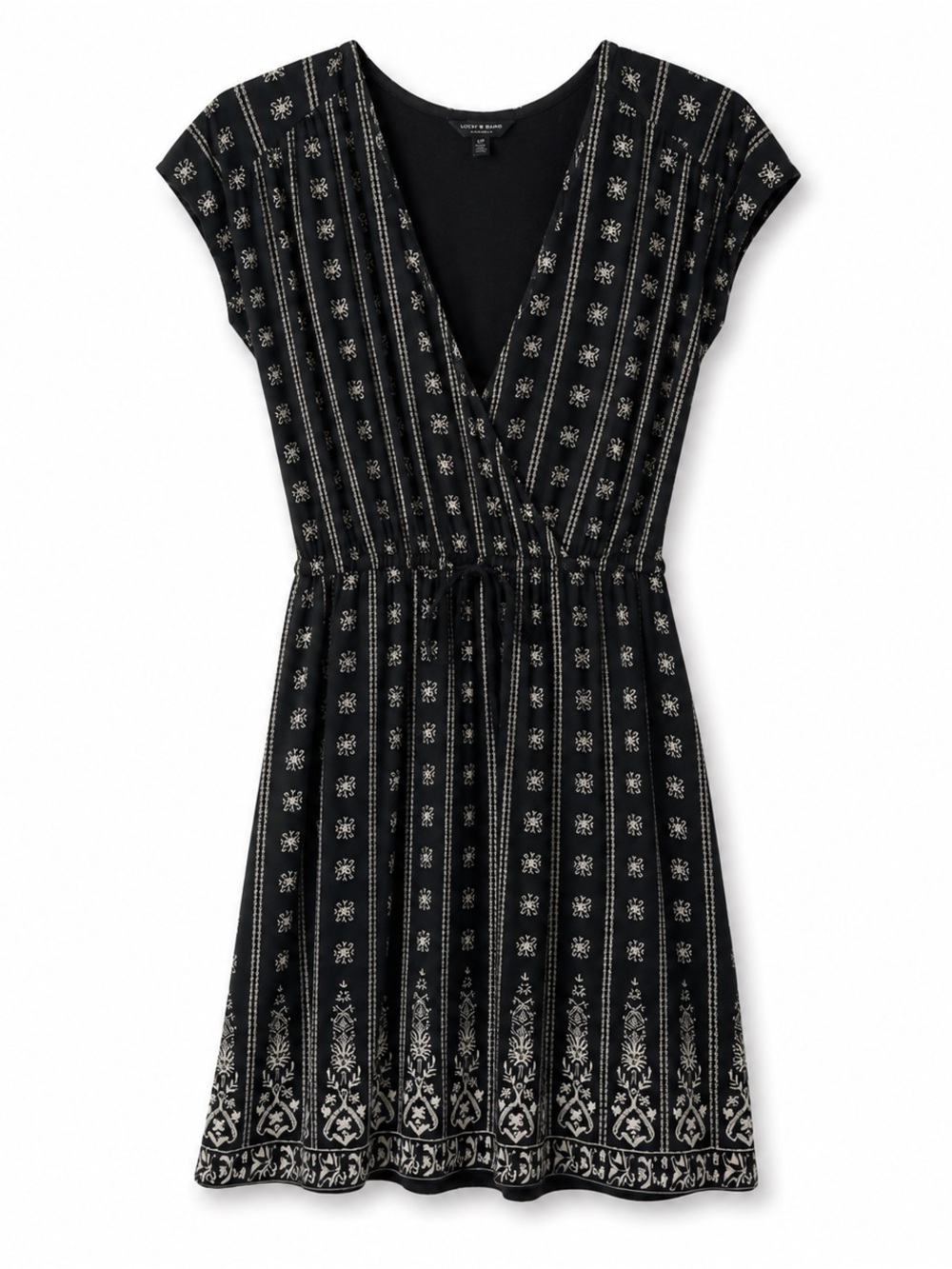 Lucky Brand Black Boho Faux Wrap Dress Size Small | Tribal Medallion Print Tie